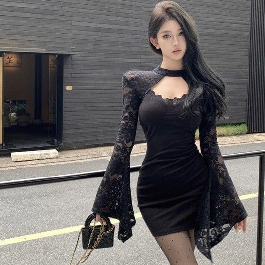 Women’s Black Hip Skirt Dress | High Waist | Sling Style with Bell Sleeves | Sweet & Spicy Socialite Look