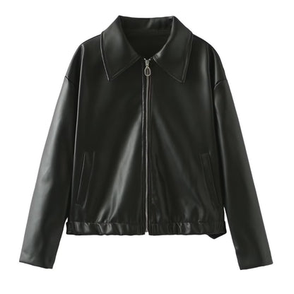 Women’s Solid Color Leather Jacket – Fashion Lapel Zipper Long Sleeve Coat hanyelevate