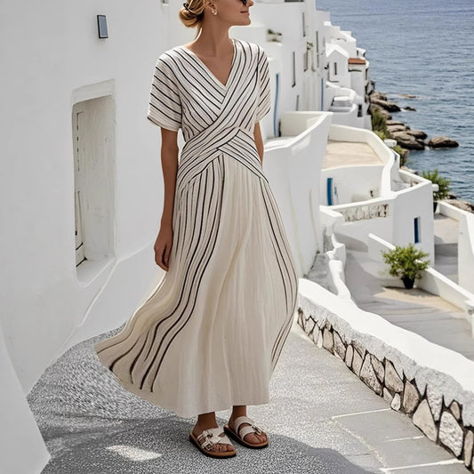 Women’s Retro Art TR Fabric Mid-Length Dress – Short Sleeve, Elegant Simplicity