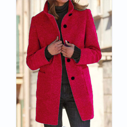 Women’s Stand Collar Woolen Coat – Casual Fall Winter Button Outwear with Pockets hanyelevate