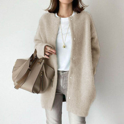 Autumn & Winter Women’s Solid Color Cardigan – Loose Round Neck Single Breasted Coat hanyelevate