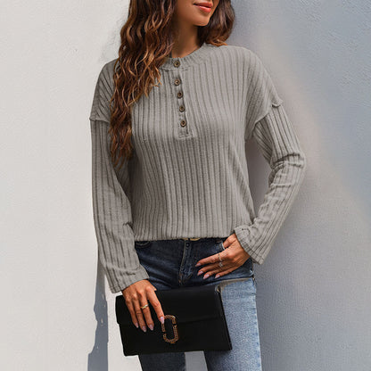 Women’s Japanese Korean Casual Pullover – Khaki Hollow Stripe Top with Button Detail | S–XL