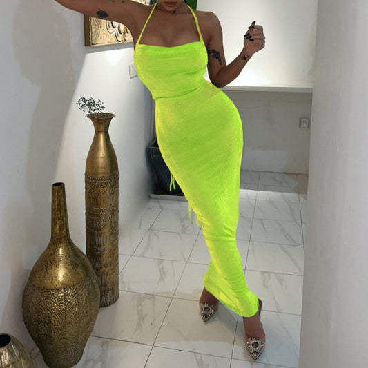 Women’s Halter Neck Sleeveless Dress – Yellow Mid Waist Polyester Summer Outfit