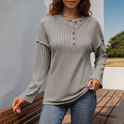Women’s Japanese Korean Casual Pullover – Khaki Hollow Stripe Top with Button Detail | S–XL
