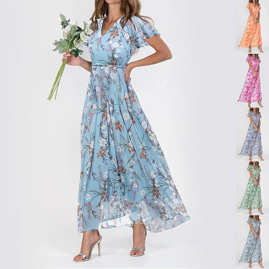 Women’s Casual Floral Dress – Short Sleeve Ruffle Summer Beach Dress hanyelevate