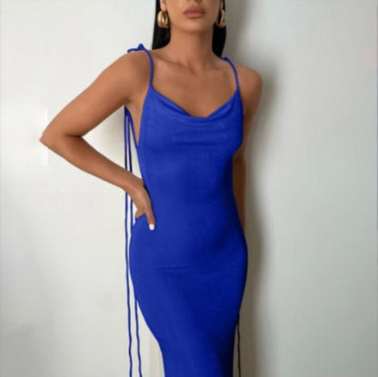 Women’s Halter Neck Sleeveless Dress – Yellow Mid Waist Polyester Summer Outfit