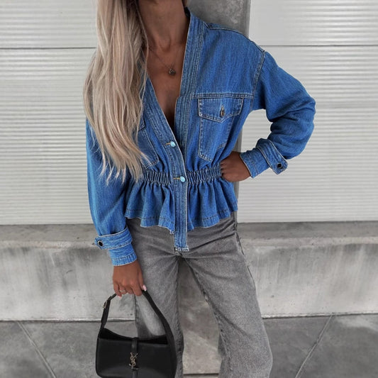 Women’s Slim-Fit Blue Long Sleeve Shirt – Temperament Commute Style