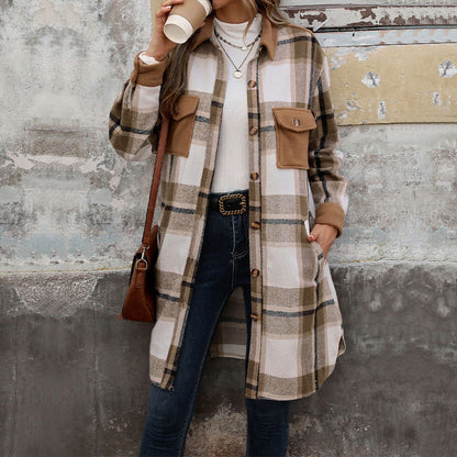 Cozy Women’s Plaid Long Jacket – Brushed Fabric Winter Coat with Pockets hanyelevate