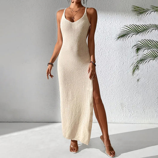 Women’s Apricot Suspender Dress – Solid Color Hollow Out Sling Style | S–L | Knitted Polyester