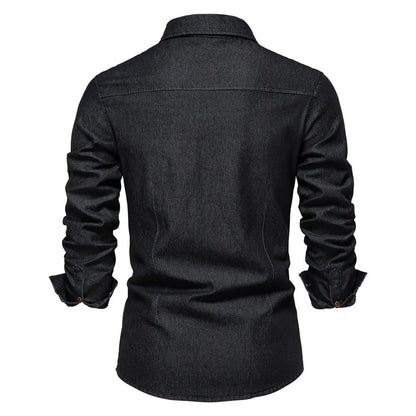 Men’s Long-Sleeve Slim Fit Denim Shirt – Casual Button-Up Top hanyelevate