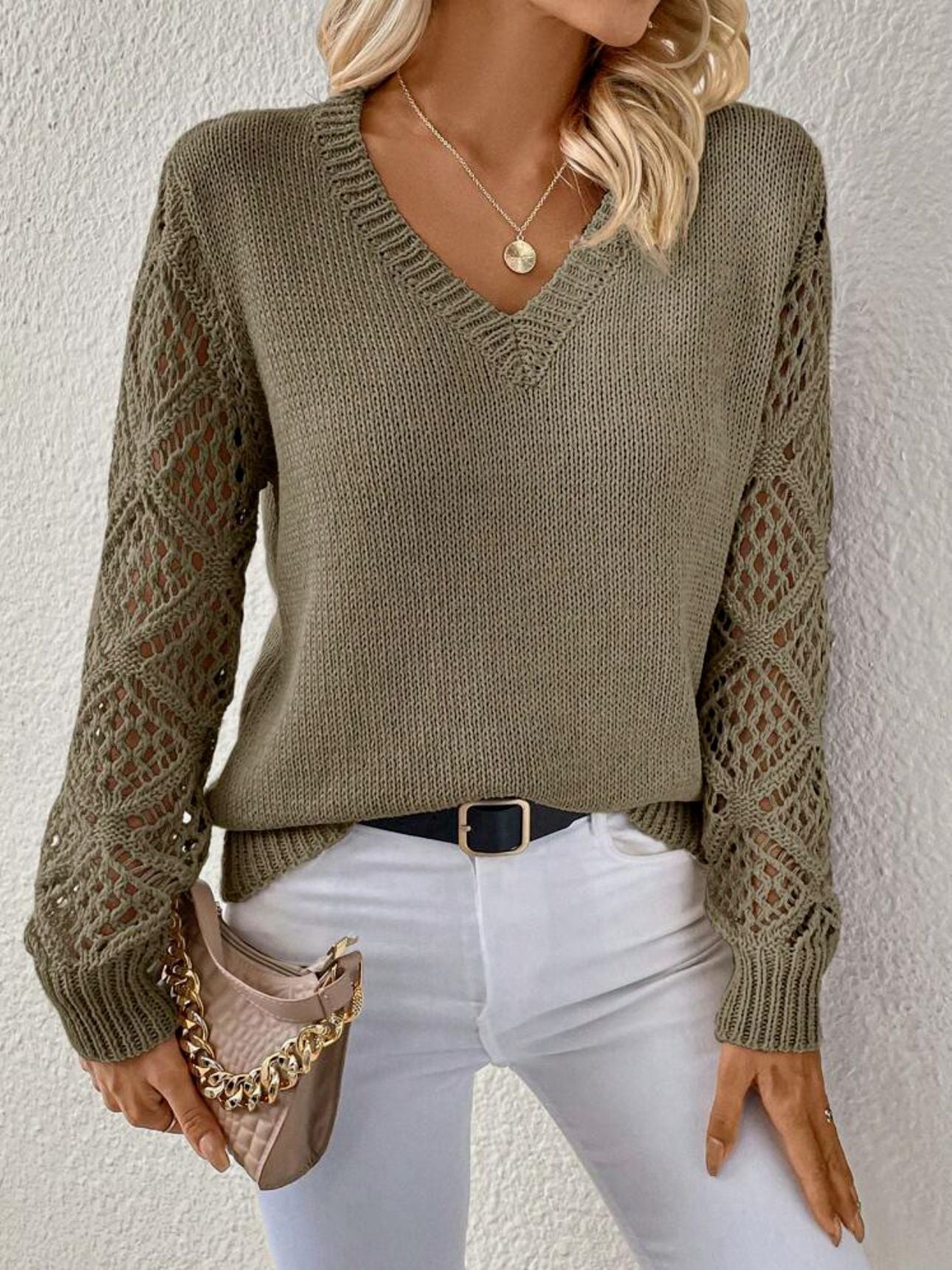Solid V-Neck Hollow Sleeve Pullover Sweater – Women’s Fashion Long Sleeve Top hanyelevate