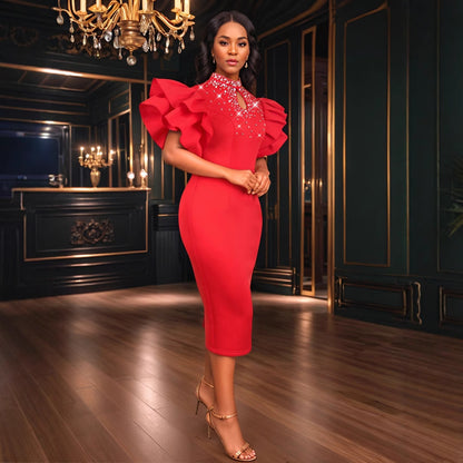 Women’s Red Hip Skirt Dress – Plain, High Waist, Slim Fit, S–4XL