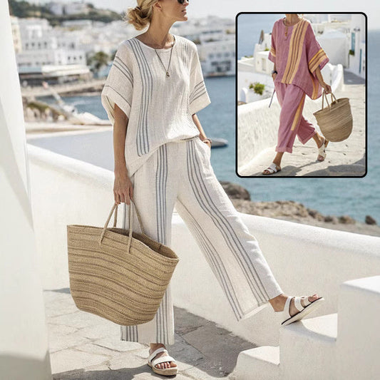women’s striped co-ord set with batwing top and solid pants hanyelevate