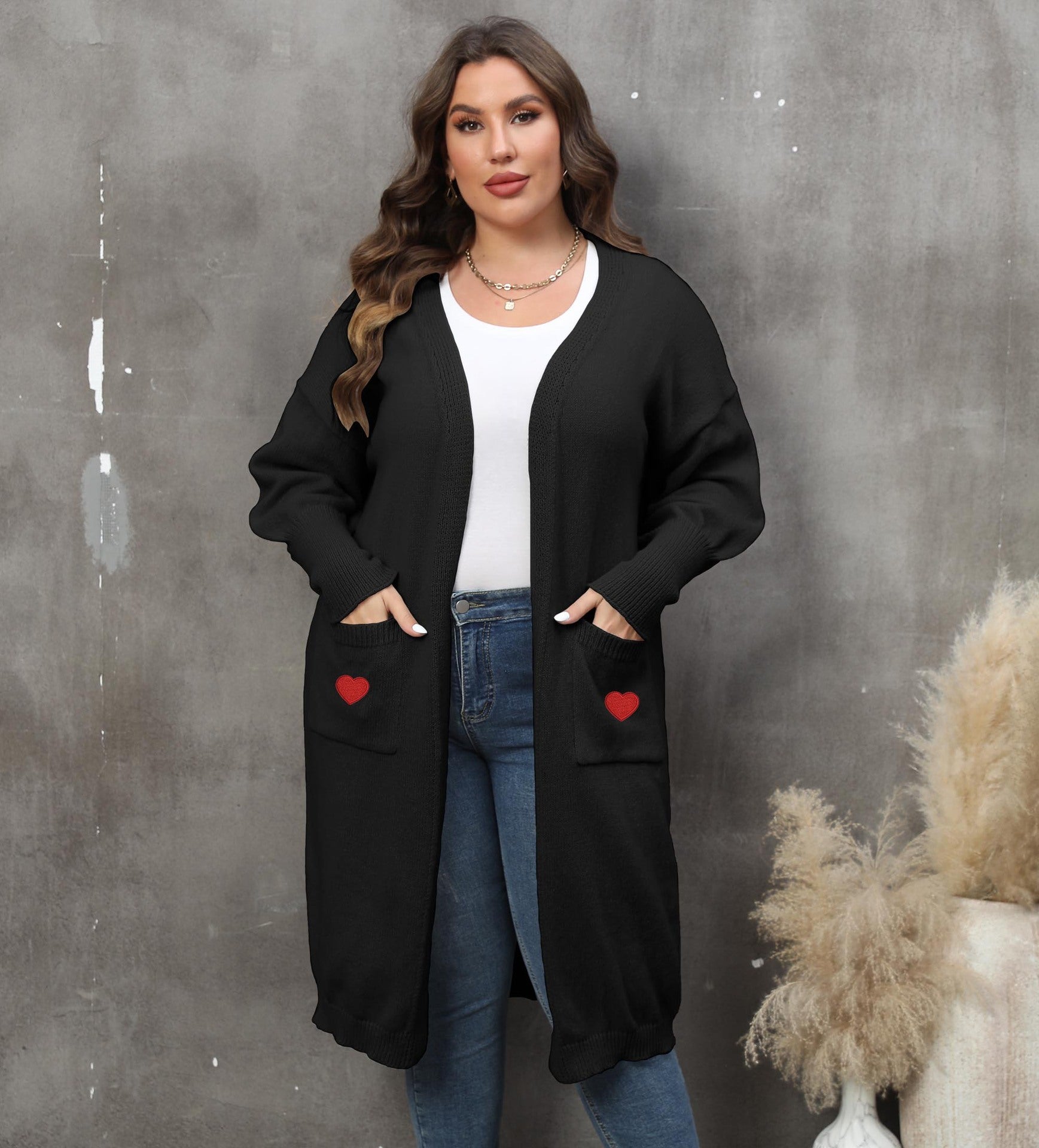 Plus Size Mid-Length Knit Cardigan for Women – Love Pattern, Lantern Sleeves, and Pockets hanyelevate