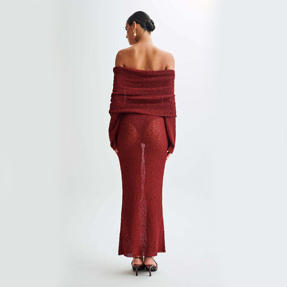 New Long-Sleeved One-Shoulder Knitted Dress – Perfect for Beach and Vacation hanyelevate