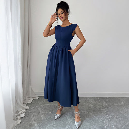 Elegant Solid Color A-Line Dress for Women | Dark Blue, Wine Red, Milky White | S–XL