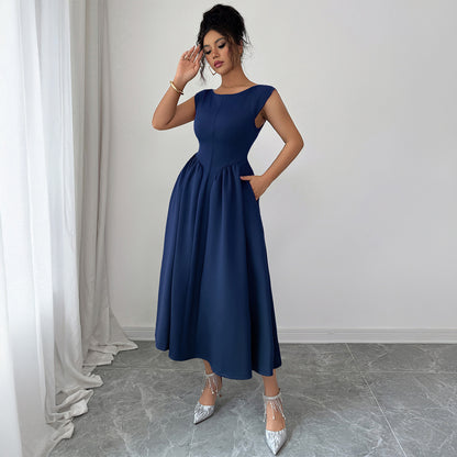 Elegant Solid Color A-Line Dress for Women | Dark Blue, Wine Red, Milky White | S–XL