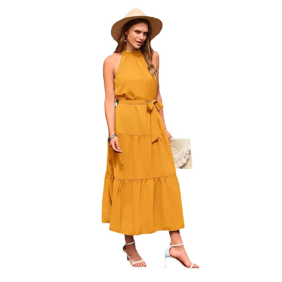 Women’s European & American Style Cake Dress – Lace-Up Long Sleeveless Dress