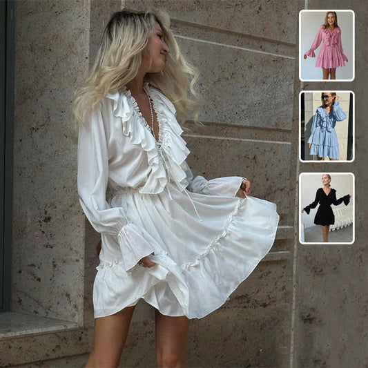 Women’s Short Dress with V Neck and Flared Sleeves – Pleated Ruffle Detail hanyelevate