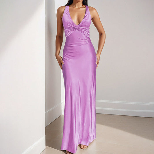 Women’s Temperament Commute Solid Color Long Dress – Sleeveless Basic Style