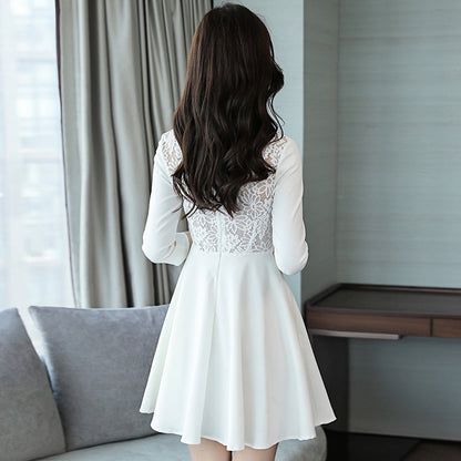 Korean Dress for Women – Elegant Pleated Lace Midi, Long Sleeve Korean Style Outfit (S–XL, White/Black) hanyelevate