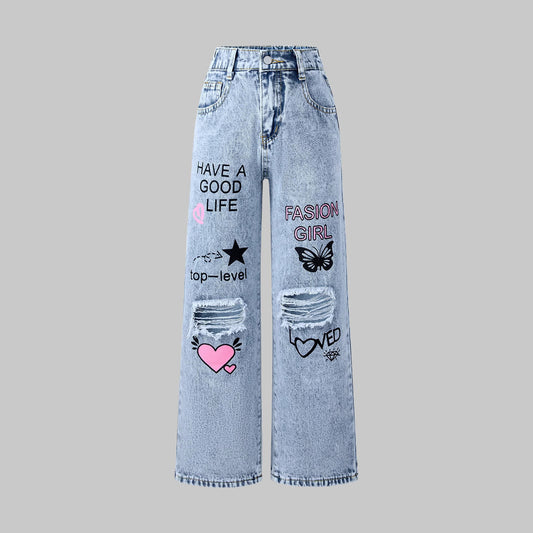 Girls’ Cartoon Denim Jeans – Cute Letter Print Mid-Waist Trousers