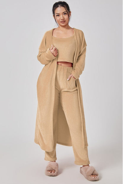 Cozy 3-Piece Pajama Set for Women – Warm Winter Lounge Set with Cardigan, Tank Top & Pants hanyelevate