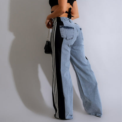 2025 Fashion Casual High Waist Elastic Straight Leg Denim Trousers – Three Stripe Patchwork Wide Leg Pants hanyelevate