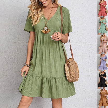 Women’s V-Neck Short Sleeve Summer Dress – Casual Loose Ruffled Beach Dress hanyelevate