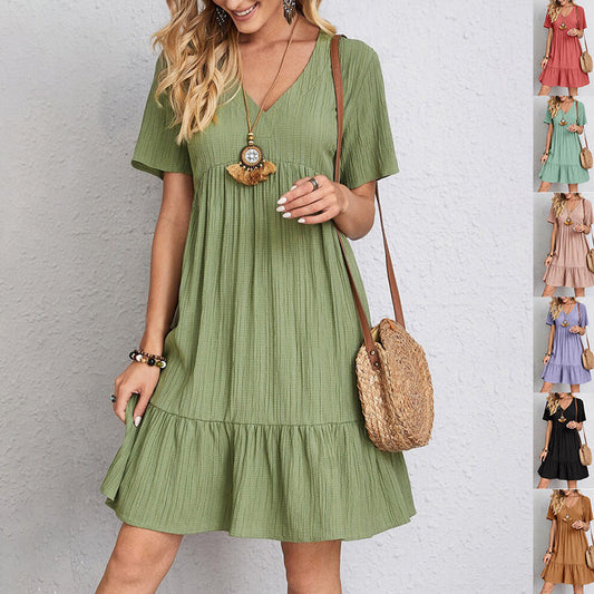 Women’s V-Neck Short Sleeve Summer Dress – Casual Loose Ruffled Beach Dress hanyelevate
