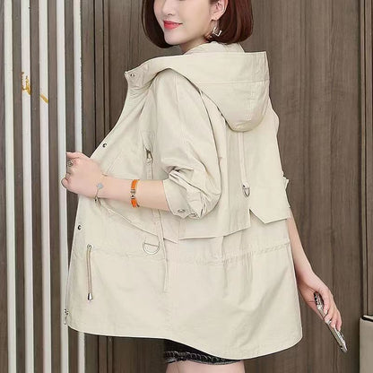 Women’s Casual Zipper Jacket – Loose Fit Long Sleeve Coat with Pockets | Polyester | Black, Khaki, Milky White, Ginger Yellow
