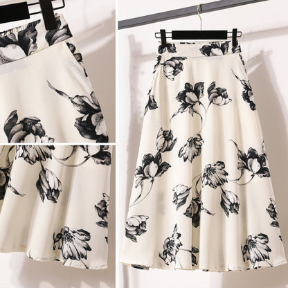 Women’s Floral Chiffon A-Line Skirt – Long Maxi Skirt | Temperament Commute Style | White & Black | M–4XL
