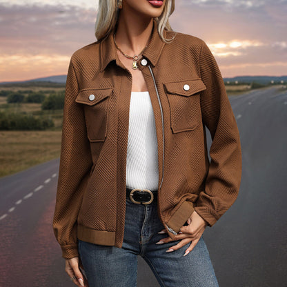 Women’s Solid Brown Loose Fit Long Sleeve Top – Polyester Casual Blouse S–XL