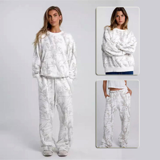 2025 Autumn Winter Women’s Camouflage Two-Piece Set – Maple Leaf Print Hoodie & Sweatpants hanyelevate
