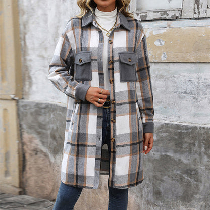 Cozy Women’s Plaid Long Jacket – Brushed Fabric Winter Coat with Pockets hanyelevate