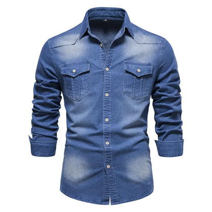 Men’s Long-Sleeve Slim Fit Denim Shirt – Casual Button-Up Top hanyelevate