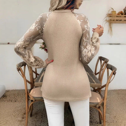 Women’s Solid Color Lace Pullover Top – Spandex | Green, Purple, Khaki | S–2XL hanyelevate
