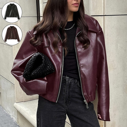 Women’s Solid Color Leather Jacket – Fashion Lapel Zipper Long Sleeve Coat hanyelevate