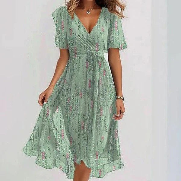 Women’s Summer Chiffon Dress – Elegant V-Neck Printed Short Sleeve Dress hanyelevate