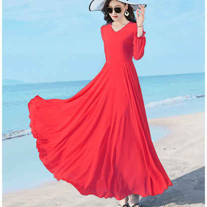 Women’s Chiffon/Polyester Large Swing Dress – Long Sleeve, Solid Color, Urban Temperament Commute Style