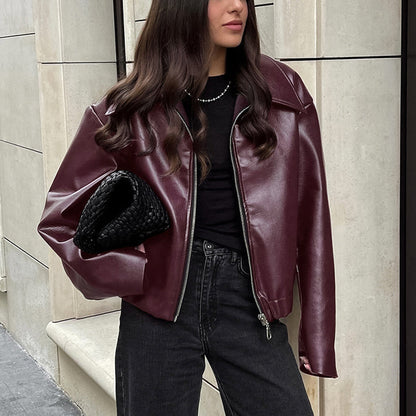 Women’s Solid Color Leather Jacket – Fashion Lapel Zipper Long Sleeve Coat hanyelevate