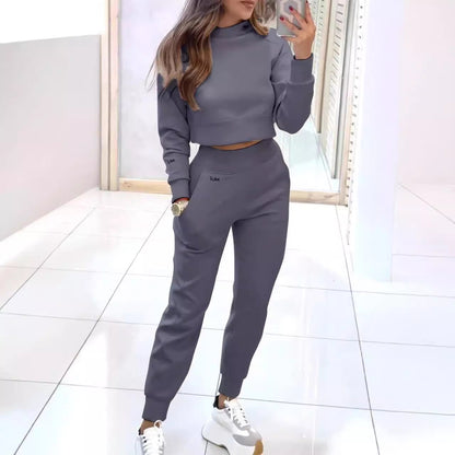 Fashionable Women’s Sportswear Set – Stand Collar Pullover & Slim Fit Pants with Pockets hanyelevate