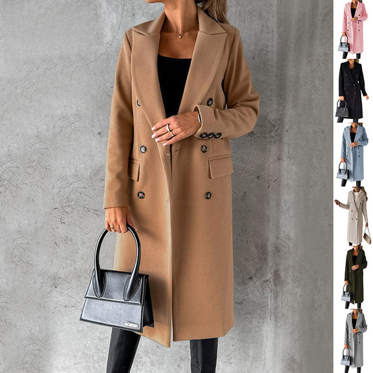 Women’s Double-Breasted Long Coat – Slim Fit Lapel Winter Jacket with Long Sleeves hanyelevate