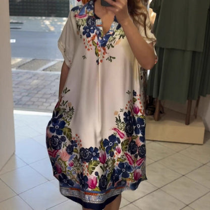 High-Waist Floral Print Lantern Sleeve Pullover Dress – Mid-Length Elegant Style