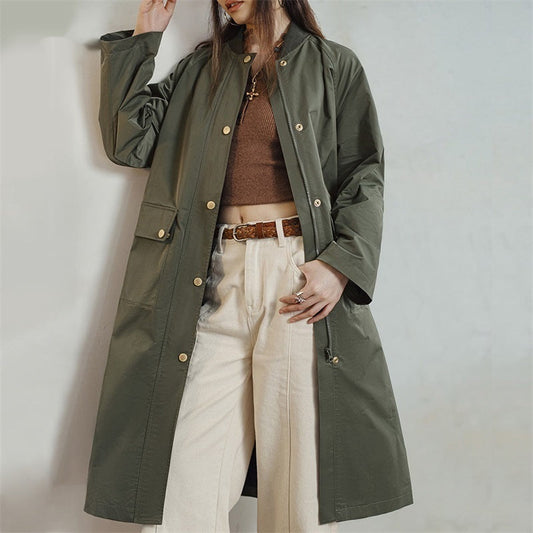Women's Loose Fit Trench Coat – Retro Olive Green, Mid-Length Fashion Jacket hanyelevate