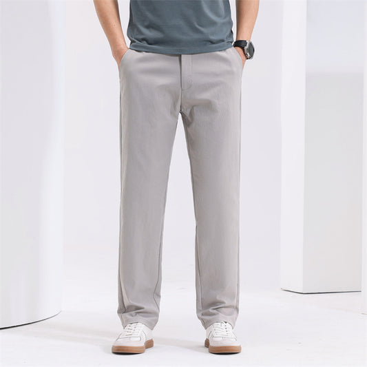 Men’s Youth Basic Mid-Waist Trousers – Thin Polyester Blend, Zipper Fly Casual Pants
