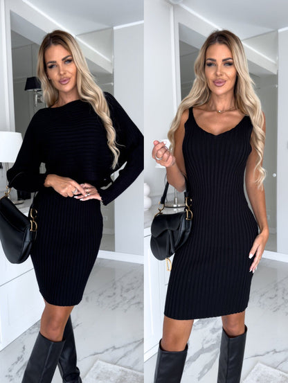 Women’s 2-Piece Autumn Winter Outfit – Long-Sleeve Stripe Top & Slim Suspender Skirt Set hanyelevate
