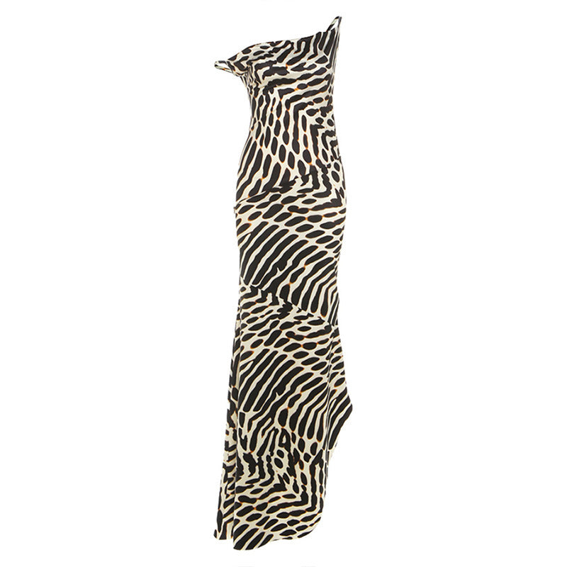 Women’s Brown Printed Sling Dress – High Waist Vacation Style