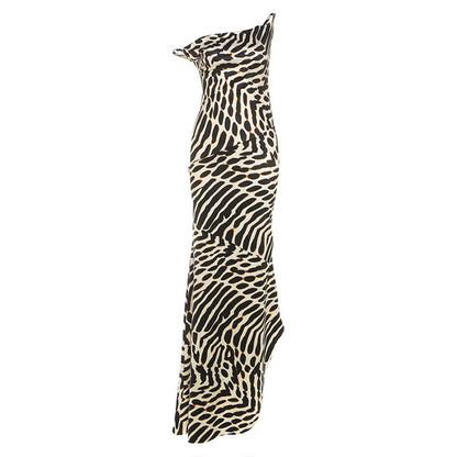 Women’s Brown Printed Sling Dress – High Waist Vacation Style