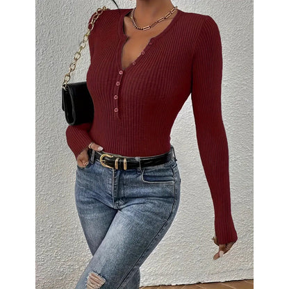 Women’s Slim Fit Long Sleeve Pullover – Wine Red, Gray, Black, Dark Blue, Apricot | XS–XL